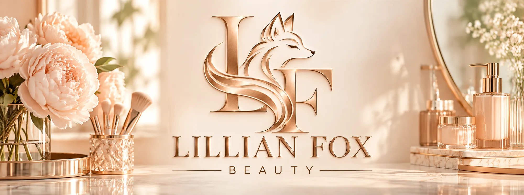 Lillian Fox Beauty logo on a rose gold vanity with peonies